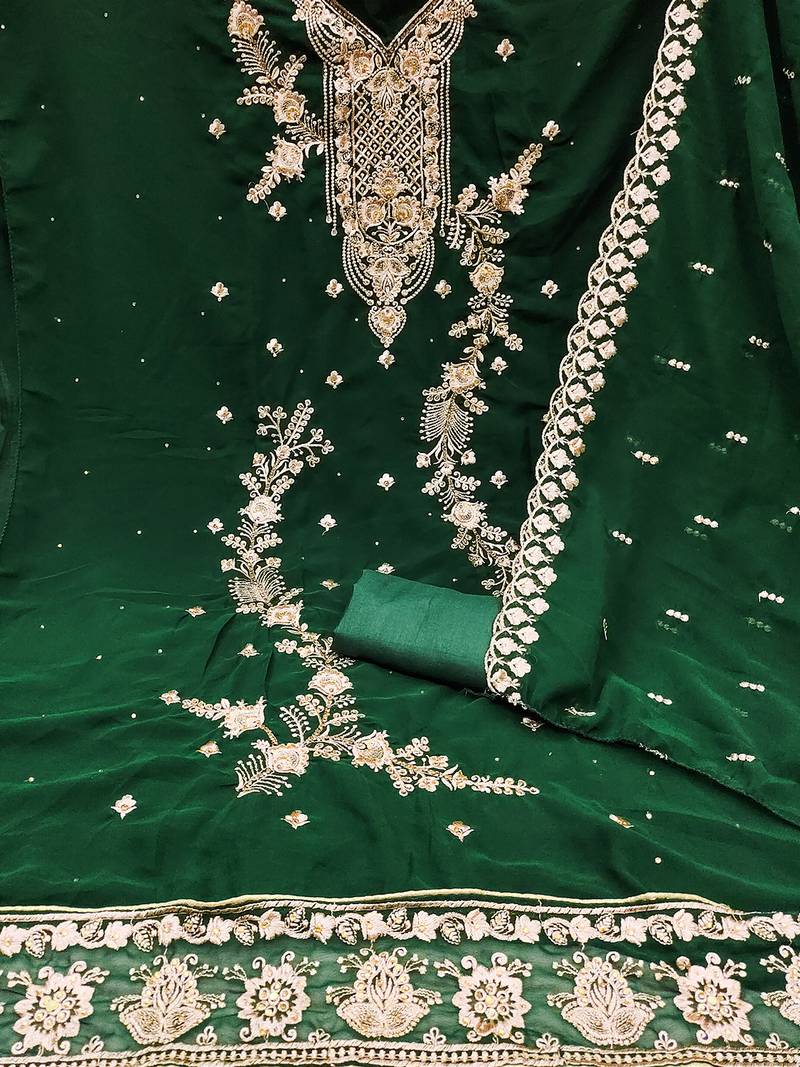 Green georgette embroidery work stones unstitched dress material