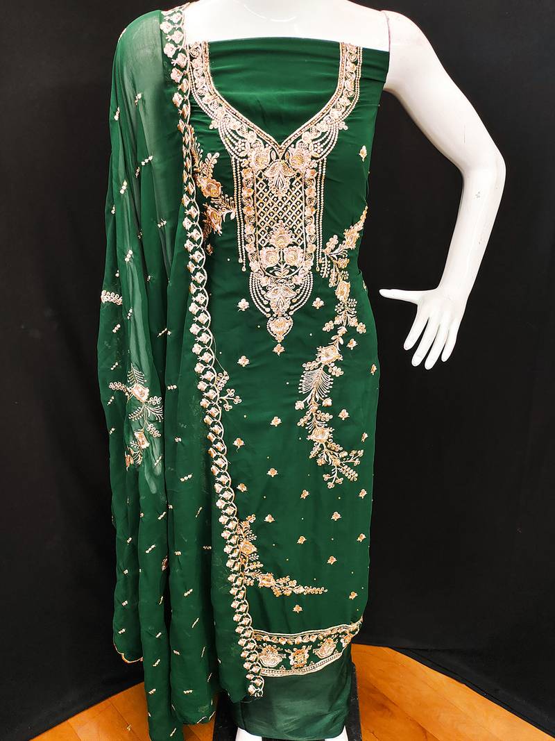 Green georgette embroidery work stones unstitched dress material