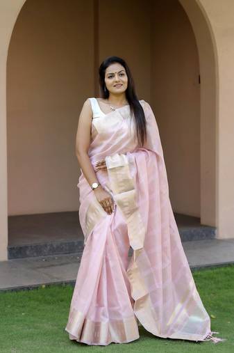 Light-Pink Soft Cotton Silk Sequence Work And Jacquard Border Design Saree,Blouse-not As Per Image