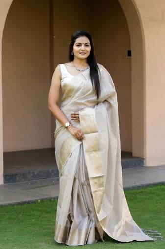 Off-White Soft Cotton Silk Sequence Work And Jacquard Border Design Saree,Blouse-not As Per Image