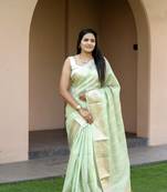 Light-Green Soft Cotton Silk Sequence Work And Jacquard Border Design Saree,Blouse-not As Per Image