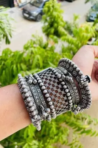 Bangles set kada hand silver plated bracelet antique openable kada ghunghroo gifts for wedding