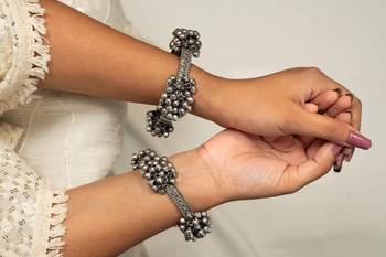 Antique boho oxidised silver indian bangle kada set,black polish kada, ghungaroo kada 1