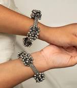 Antique boho oxidised silver indian bangle kada set,black polish kada, ghungaroo kada