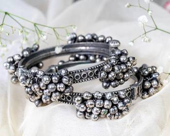 Antique boho oxidised silver indian bangle kada set,black polish kada, ghungaroo kada 2