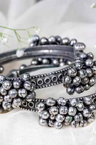 Antique boho oxidised silver indian bangle kada set,black polish kada, ghungaroo kada