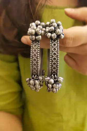 Antique boho oxidised silver indian bangle kada set,black polish kada, ghungaroo kada