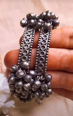 Antique boho oxidised silver indian bangle kada set,black polish kada, ghungaroo kada 4