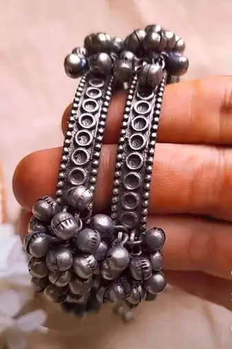 Antique boho oxidised silver indian bangle kada set,black polish kada, ghungaroo kada