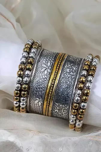 Kada and bangdi german silver oxidised dual tone, indian antique finish jewellery