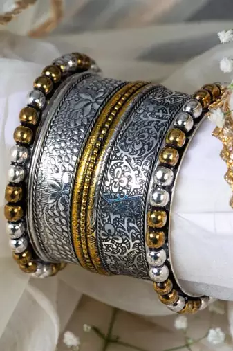 Kada and bangdi german silver oxidised dual tone, indian antique finish jewellery