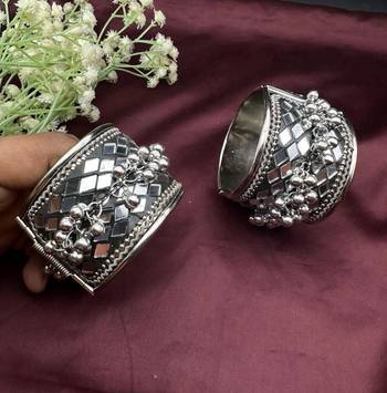 Hot selling kada afghani mirror glass bangles, oxidised antique silver bracelet, boho jewelry gift 2