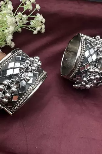 Hot selling kada afghani mirror glass bangles, oxidised antique silver bracelet, boho jewelry gift