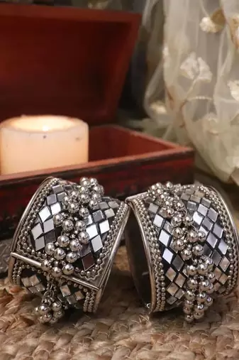 Hot selling kada afghani mirror glass bangles, oxidised antique silver bracelet, boho jewelry gift