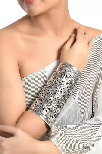 Long handcuff, kada, bracelet, floral embossed, german silver jewelry, indian bangles, tribal jewelry, gifts