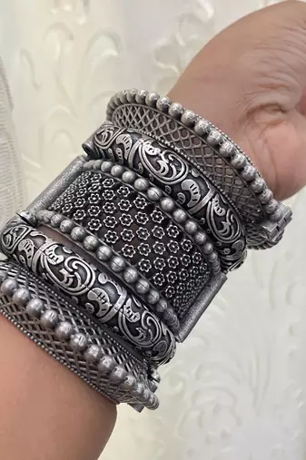 Indian bangle set hand kada silver plated hand kada bracelet antique silver look openable kada