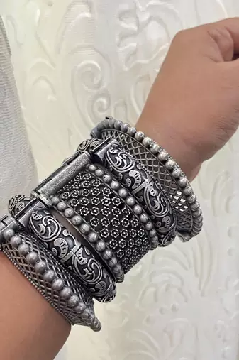 Indian bangle set hand kada silver plated hand kada bracelet antique silver look openable kada