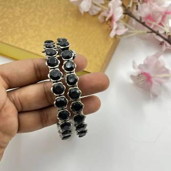 Black silver plated bracelet indian stone traditional ethnic jewelry german silver openable kada 1