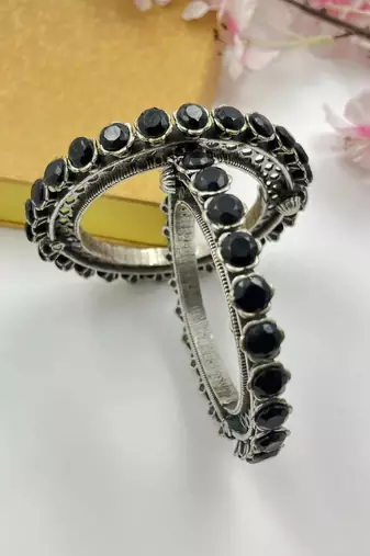 Black silver plated bracelet indian stone traditional ethnic jewelry german silver openable kada