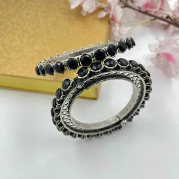 Black silver plated bracelet indian stone traditional ethnic jewelry german silver openable kada 5