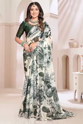 Digital Printed Organza Silk Saree In Cream With Unstitch Blouse Piece 1