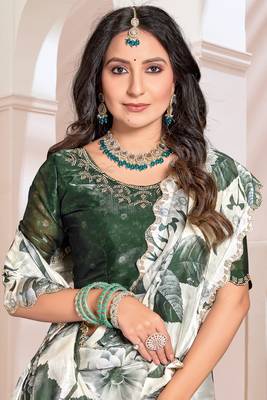 Digital Printed Organza Silk Saree In Cream With Unstitch Blouse Piece 2