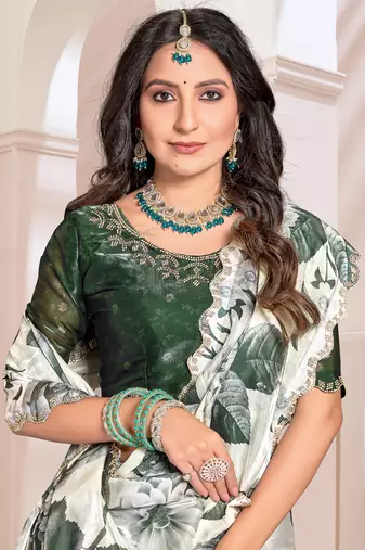 Digital Printed Organza Silk Saree In Cream With Unstitch Blouse Piece