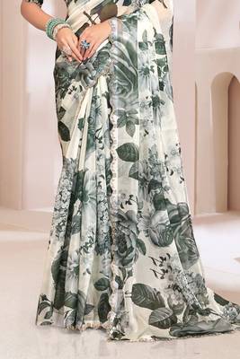 Digital Printed Organza Silk Saree In Cream With Unstitch Blouse Piece 4