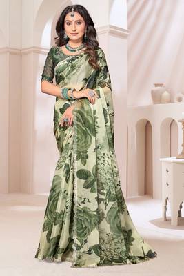 Digital Printed Organza Silk Saree In Mehandi Green With Unstitch Blouse Piece 1