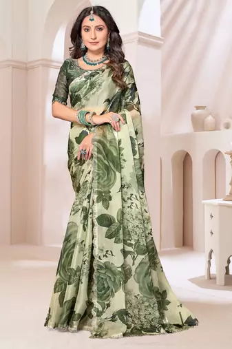 Digital Printed Organza Silk Saree In Mehandi Green With Unstitch Blouse Piece