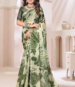 Digital Printed Organza Silk Saree In Mehandi Green With Unstitch Blouse Piece