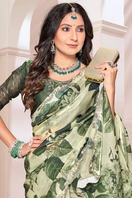 Digital Printed Organza Silk Saree In Mehandi Green With Unstitch Blouse Piece 2