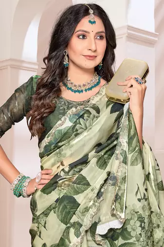 Digital Printed Organza Silk Saree In Mehandi Green With Unstitch Blouse Piece