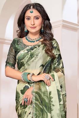Digital Printed Organza Silk Saree In Mehandi Green With Unstitch Blouse Piece 3