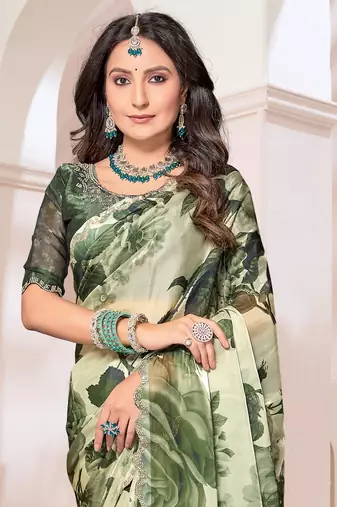 Digital Printed Organza Silk Saree In Mehandi Green With Unstitch Blouse Piece