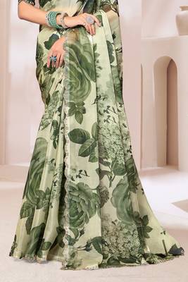 Digital Printed Organza Silk Saree In Mehandi Green With Unstitch Blouse Piece 4