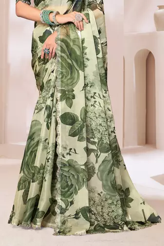 Digital Printed Organza Silk Saree In Mehandi Green With Unstitch Blouse Piece