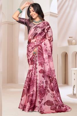 Digital Printed Organza Silk Saree In Wine With Unstitch Blouse Piece 1