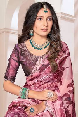 Digital Printed Organza Silk Saree In Wine With Unstitch Blouse Piece 2