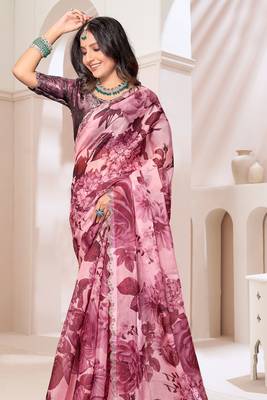 Digital Printed Organza Silk Saree In Wine With Unstitch Blouse Piece 3