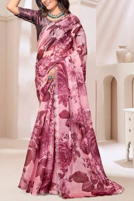 Digital Printed Organza Silk Saree In Wine With Unstitch Blouse Piece 4