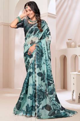 Digital Printed Organza Silk Saree In Teal Blue With Unstitch Blouse Piece 1
