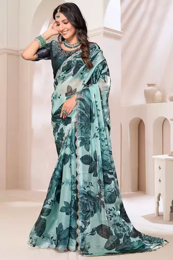 Digital Printed Organza Silk Saree In Teal Blue With Unstitch Blouse Piece