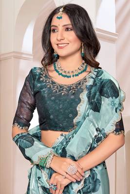 Digital Printed Organza Silk Saree In Teal Blue With Unstitch Blouse Piece 2
