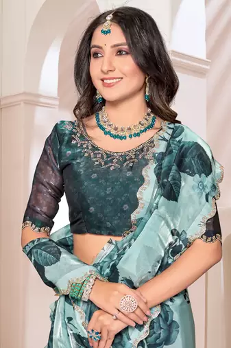 Digital Printed Organza Silk Saree In Teal Blue With Unstitch Blouse Piece