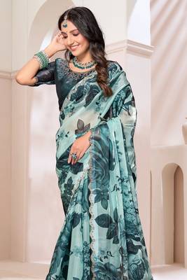 Digital Printed Organza Silk Saree In Teal Blue With Unstitch Blouse Piece 3