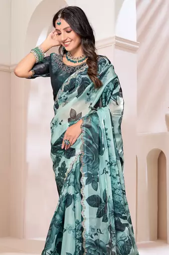 Digital Printed Organza Silk Saree In Teal Blue With Unstitch Blouse Piece