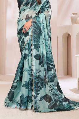 Digital Printed Organza Silk Saree In Teal Blue With Unstitch Blouse Piece 4