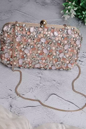 adorn peach & multi embellished satin clutch