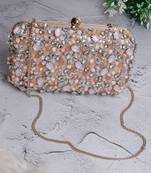 adorn peach & multi embellished satin clutch